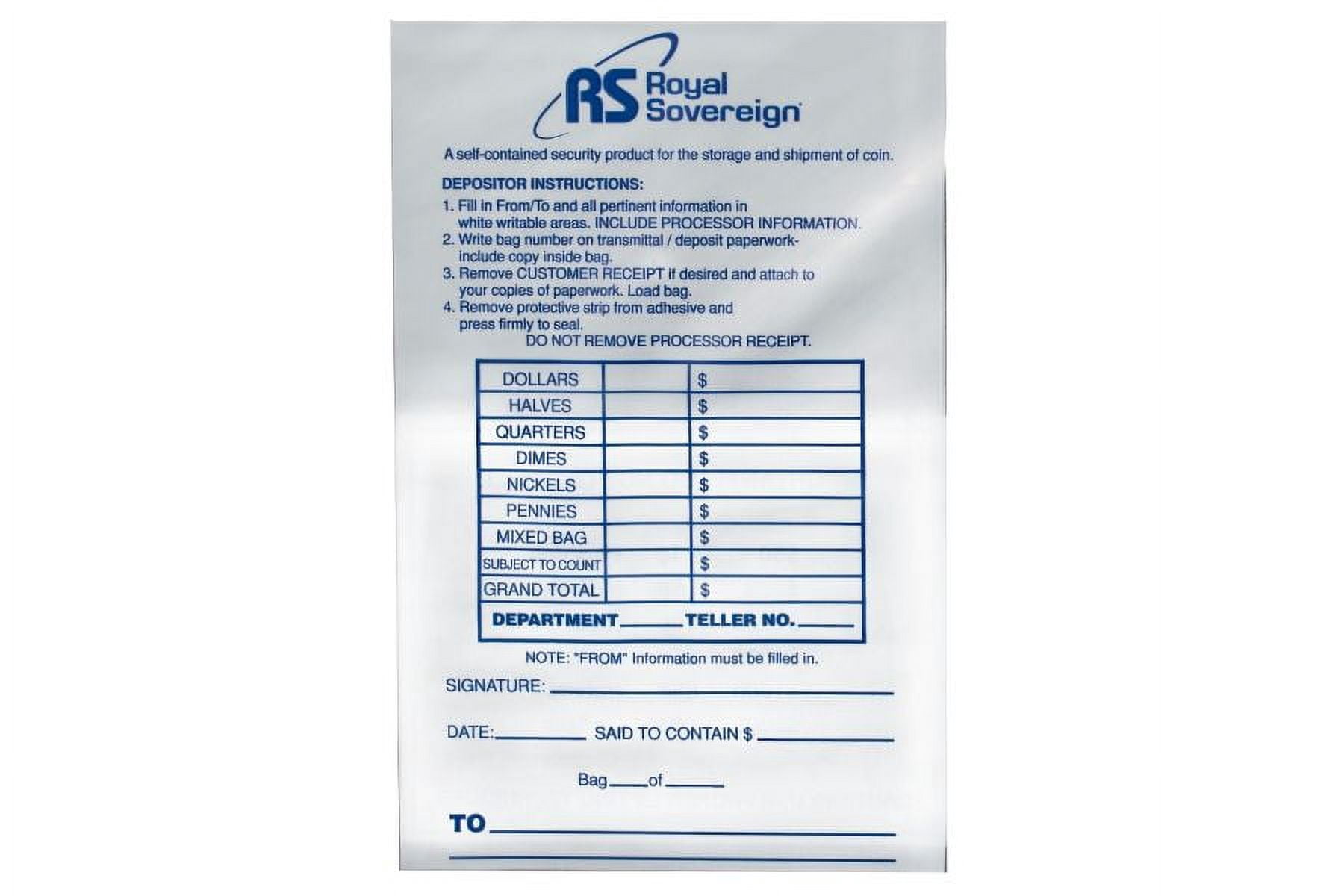Royal Sovereign RMTE-1222 12.5" x 25" Clear Tamper Evident Coin Deposit Bag