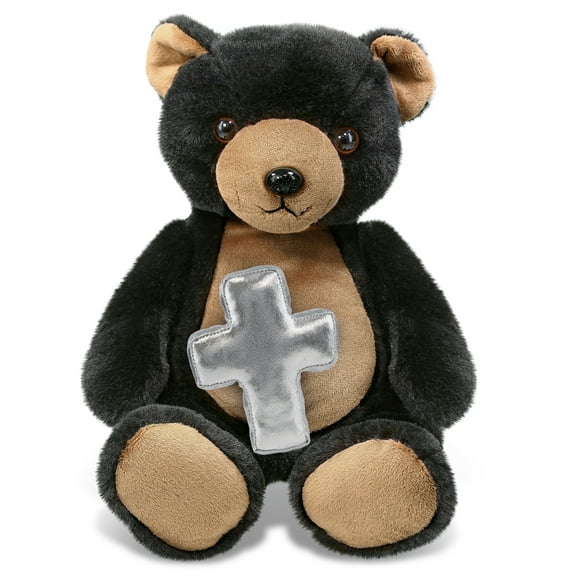 DolliBu Super Soft Black Bear Stuffed Animal with Silver Cross Plush - Religious Baptism Gifts for Boys and Girls, Dedication Christening Gifts Plush Prayer Toy Healing Stuffed Animal - 9 Inches