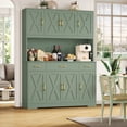 thumbnail image 2 of Homfa Kitchen Pantry with Hutch and Drawers, 71" Tall Storage Cabinet with 55" Wide Countertop and Built-In Power Outlet, Farmhouse Coffee Bar for Dining Room, Green, 2 of 7