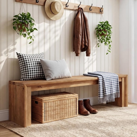 Tribesigns 63-Inch Solid Wood Entryway Bench, Farmhouse End of Bed Bench for Entryway, Hallway, Bedroom, Dining Room, Brown