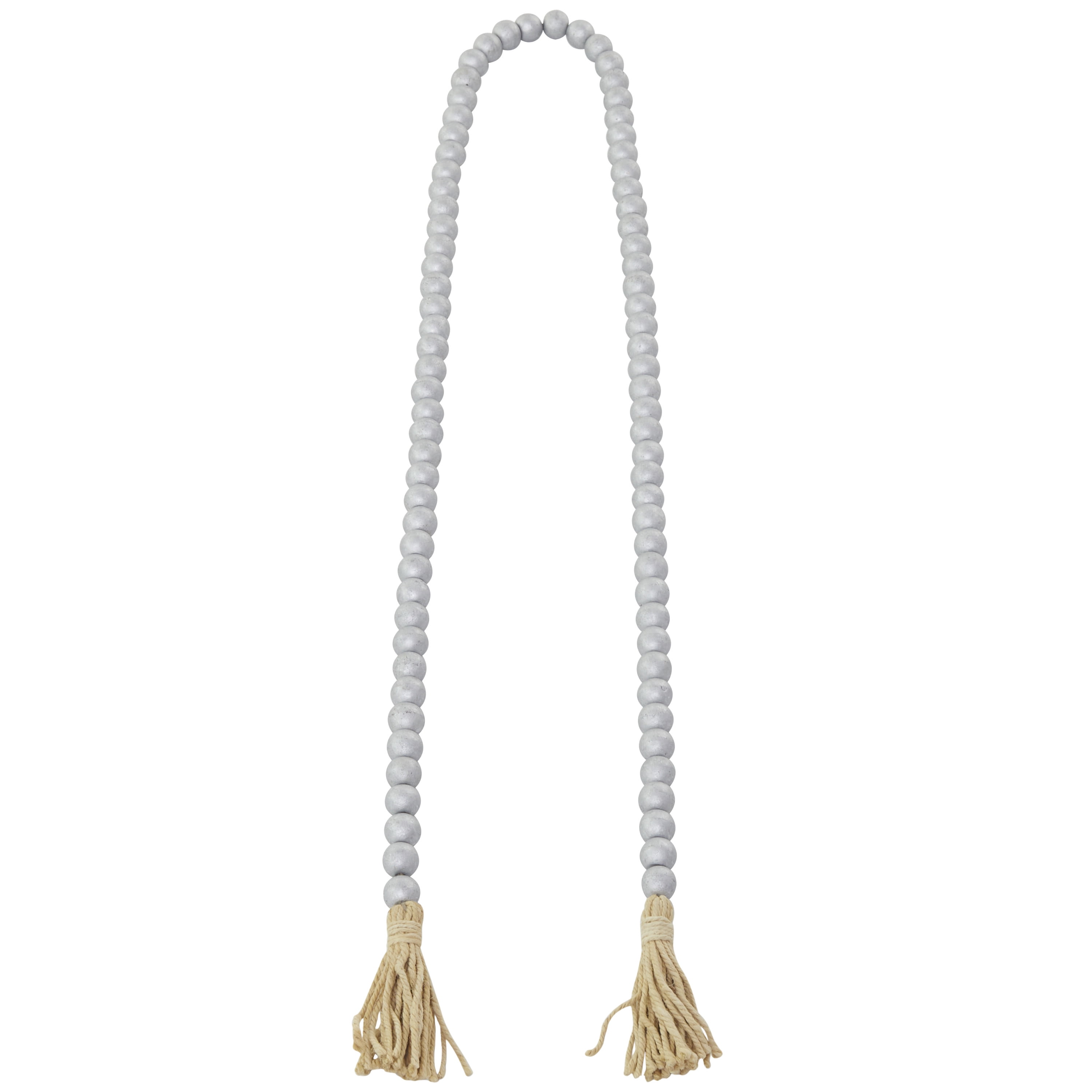 DecMode Handmade Round Metallic Long Carved Beaded Silver Mango Wood Garland with Tassel