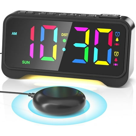 Vibrating Alarm Clock for Heavy Sleepers, Digital Alarm Clock with Bed Shaker, RGB Colorful Changing, Night Light, USB Charge, Desk Clock for kids, Hearing Impaired Deaf, Adults