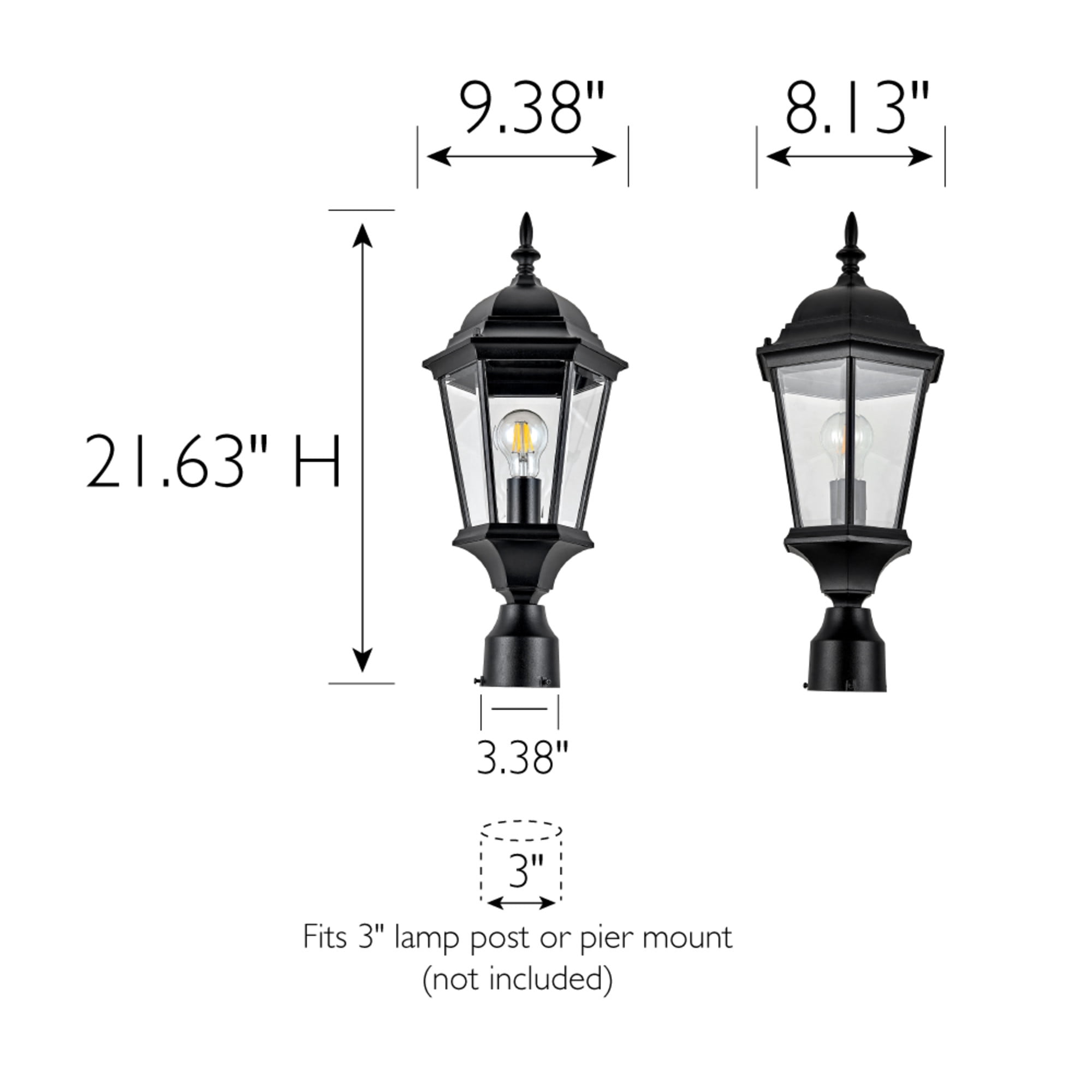 Textured Black Oak Creek Outdoor Post Top Light, Traditional 6-Panel Clear Beveled Glass, Wet Rated