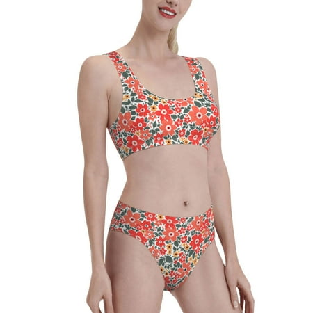 Uemuo Small Coral Red Flowers Printed Women s High Waisted Bikini Sets Sporty Two Piece Swimsuits Color Block Cheeky High Cut Bathing Suits-