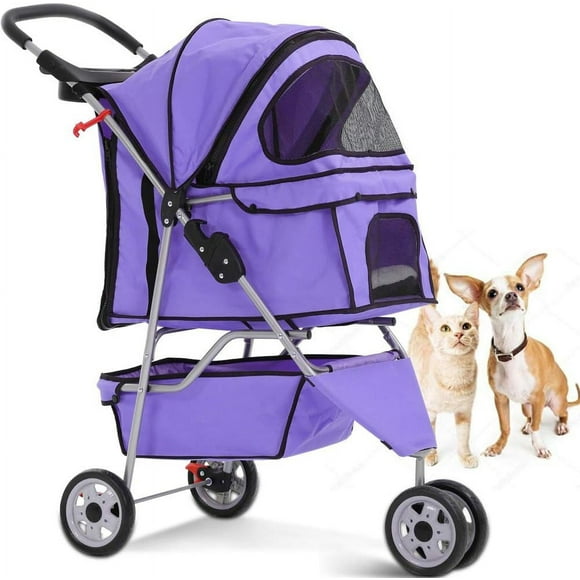 Dkelincs Poussette pour Chien et Chat à 3 Roues, Poussette Pliable pour Animal de Compagnie, Transporteur de Voyage avec Porte-Gobelet et Doublure Amovible, Violet