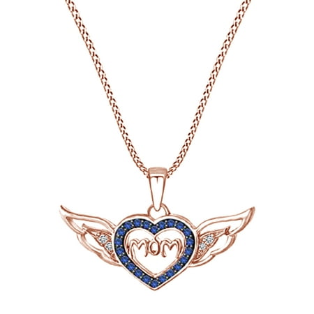 Mother's Day Jewelry Gift Round Simulated Blue & CZ Sapphire Mom Heart and Wing Pendant Necklace In 14k Rose Gold Over Sterling Silver