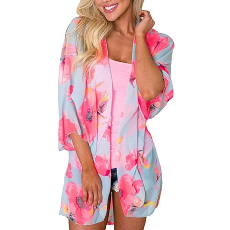 Maya Kimono - Women Floral Kimono Loose Half Sleeve Shawl Chiffon Casual Cardigan