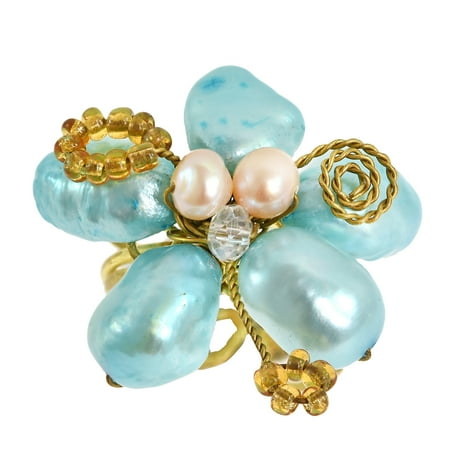Orange Flower Ring - Blue Green Crystal Flower Adjustable Handmade Ring