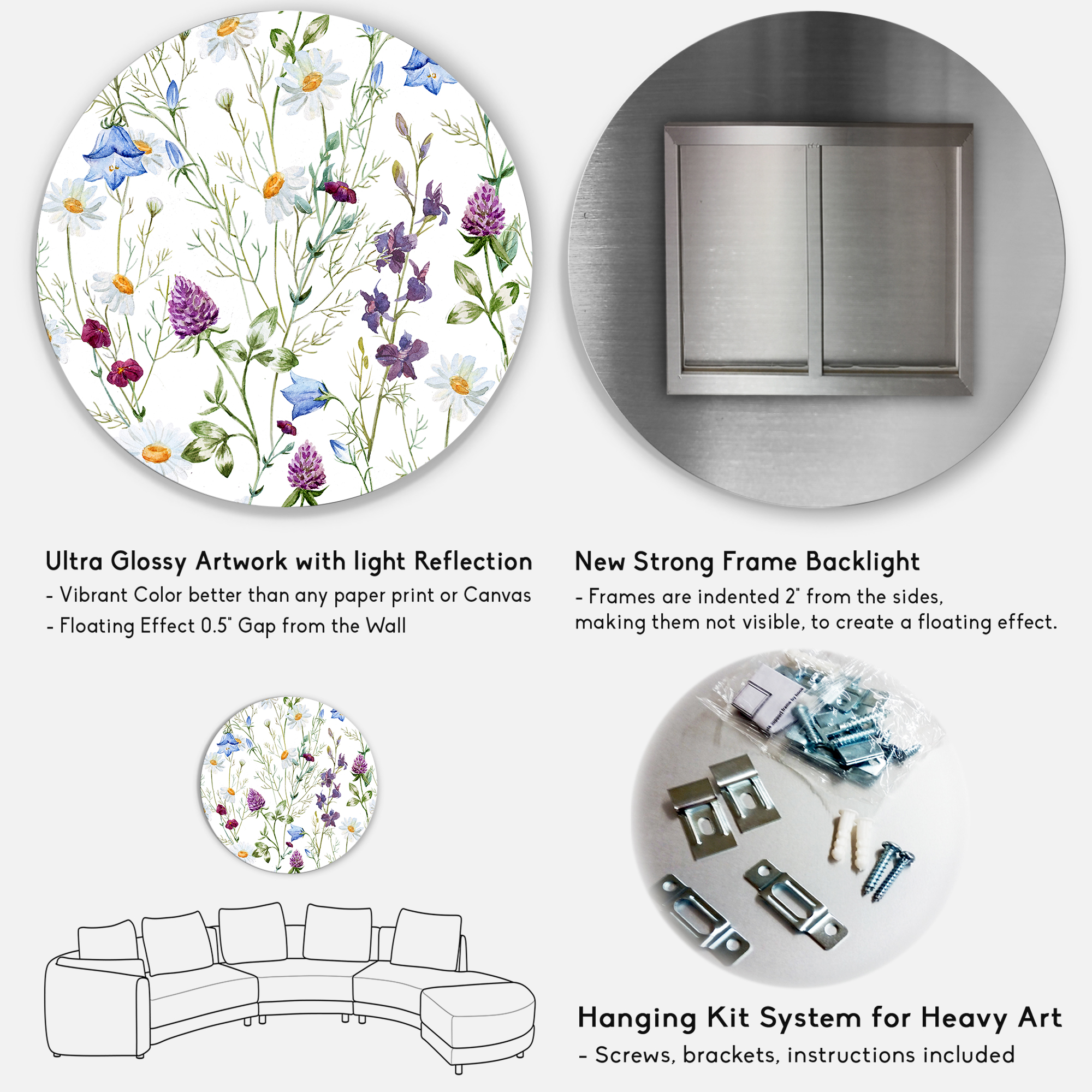 Designart 'Wildflowers Clover Bell and Chamomile I' Traditional Circle Metal Wall Art 11x11 - Disc of 11