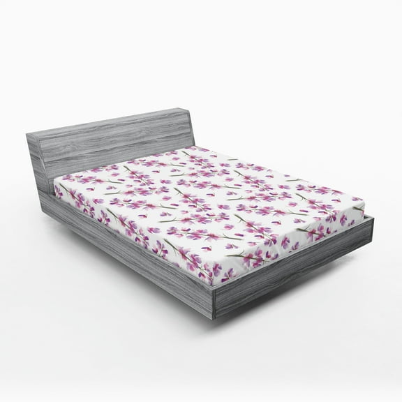 Ambesonne Purple Fitted Sheet, Blooming Flowers Nature, Full Size, Violet Green