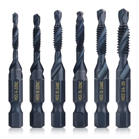 6-Piece SAE Drill Tap Bit Set with Storage Case - 6-32NC, 8-32NC, 10-24NC, 10-32NC, 12-24NC, 1/4"-20NC Sizes | 1/4" Hex Shank for Electric Drill, Impact Drill & Tap | All-in-One Drilling and