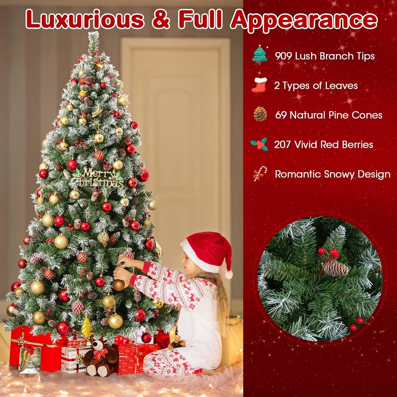 Gymax 6.5’ Xmas Artificial Tree Decor Hinged 207 Red Berries and 420 Warm LED Lights