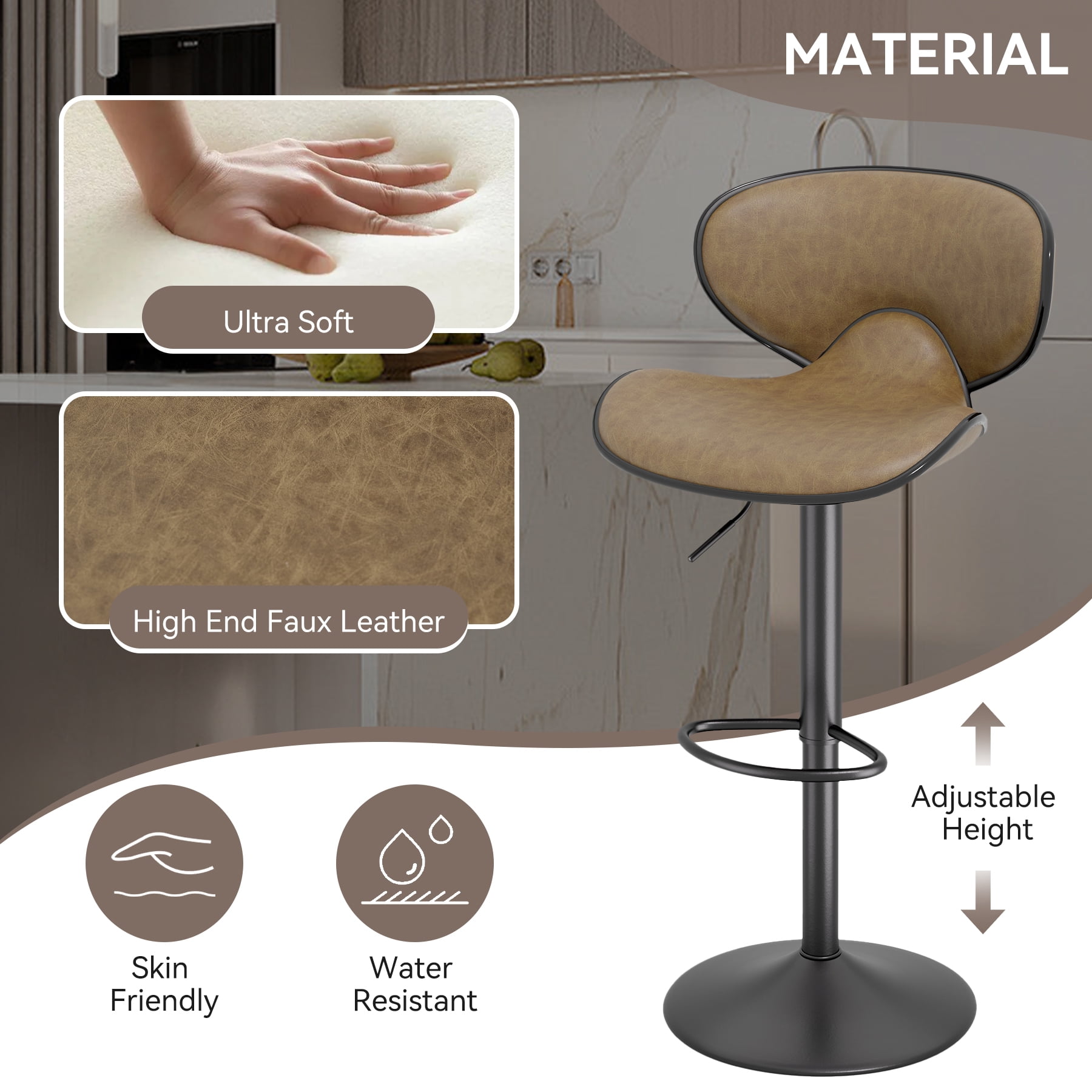 Hawsaiy Adjustable Swivel Bar Stools Set of 2 with Back and Footrest, Faux Leather Counter Height Kitchen Stools, Modern Bar Chairs for Island and Home Bar, Brown