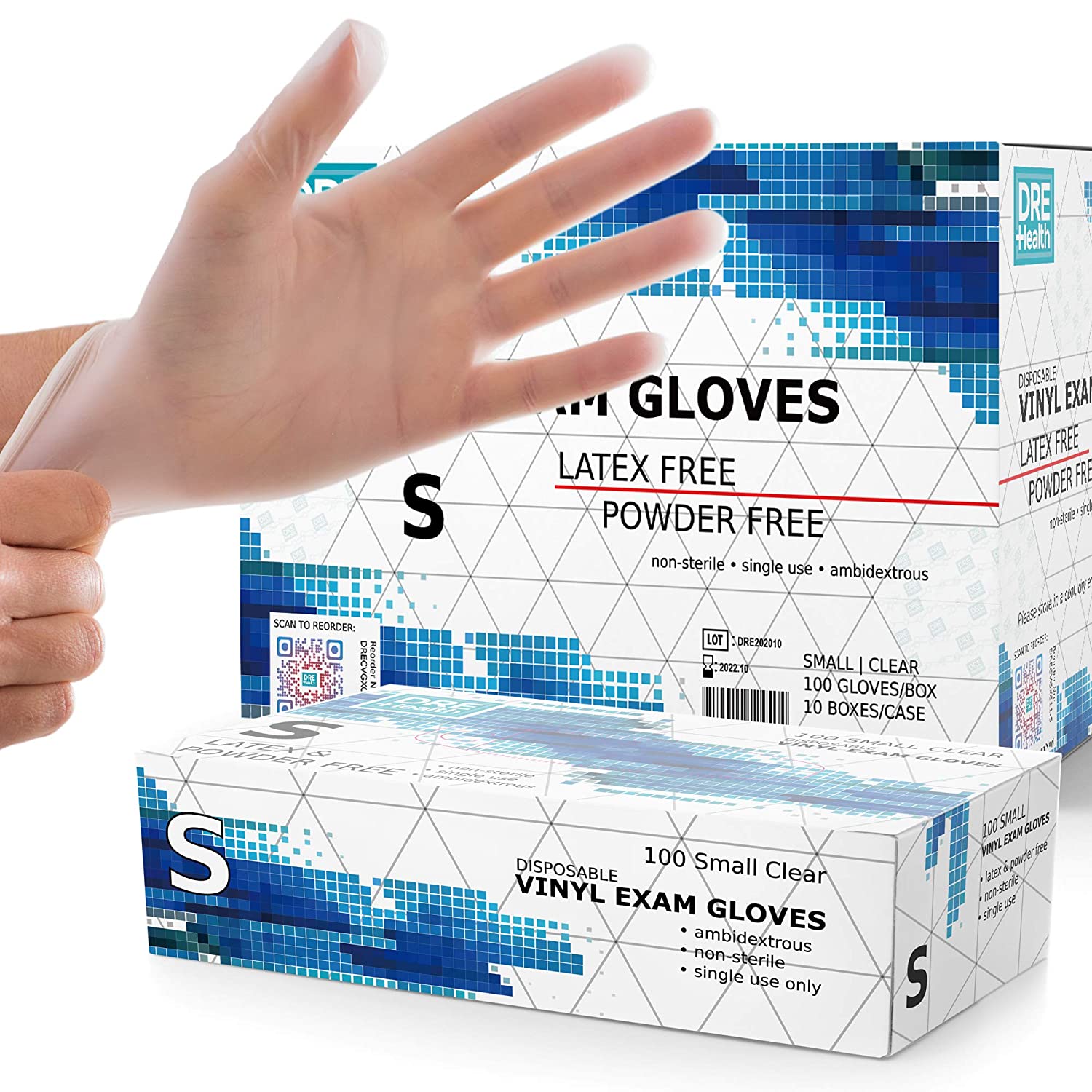 Dre Health Powder Free Disposable Gloves Small, Vinyl Gloves Extra Strong, 4 Mil Thick, 2 Box of 100 - DRECCVGXB01-S