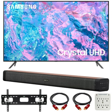Samsung UN85CU7000 85 inch Crystal UHD 4K Smart TV (2023 Model) Bundle with Deco Gear 60W 2.0 Channel Soundbar, 37"-100" TV Wall Mount Bracket Bundle and 6-Outlet Surge Adapter