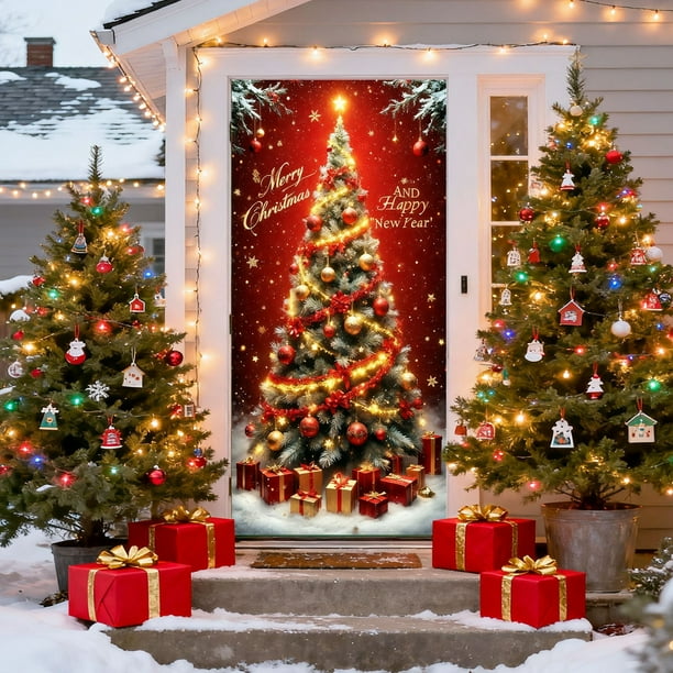 Adornos navideños, regalos navideños, cortina navideña de 35 x 72 pulgadas, decoración navideña para puerta y pared, festival, fiesta, poliéster.