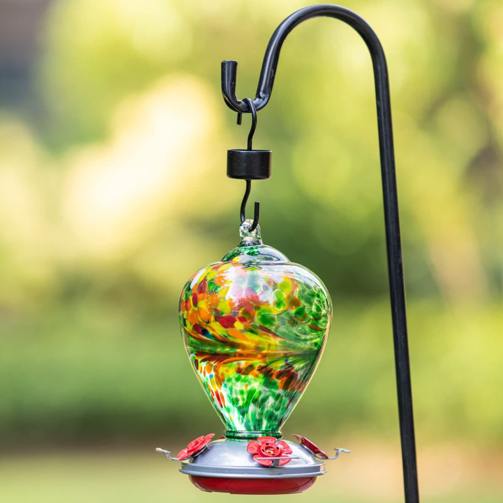 Peacock Blown Glass Hummingbird Feeder, Outdoor Backyard Decor