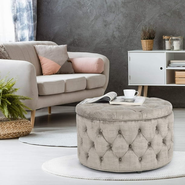 Homebeez Round Velvet Storage Ottoman Button Tufted Footrest Stool