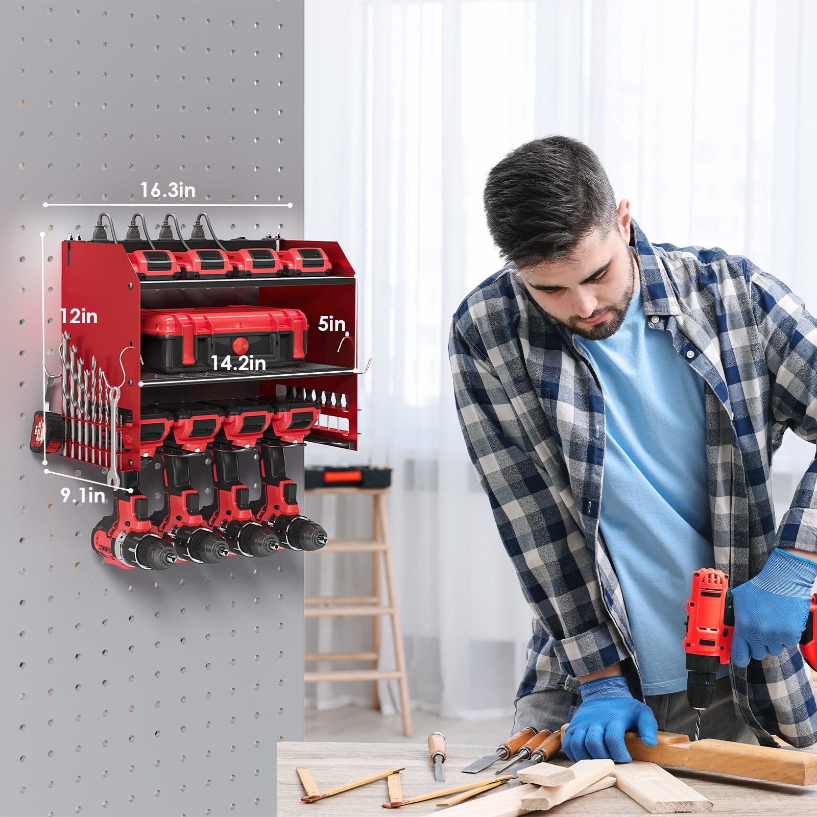 TLGREEN Power Tool Organizer Wall Mount with Charging Station, 4 Drill Holder & 8 Outlet Power Strip, Perfect Gift for Farther, Husband, and Friend