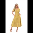 thumbnail image 1 of Vestido Plisado con Cuello en V y Mangas Abullonadas, Larga, Amarillo, Talla XXL, 1 of 4