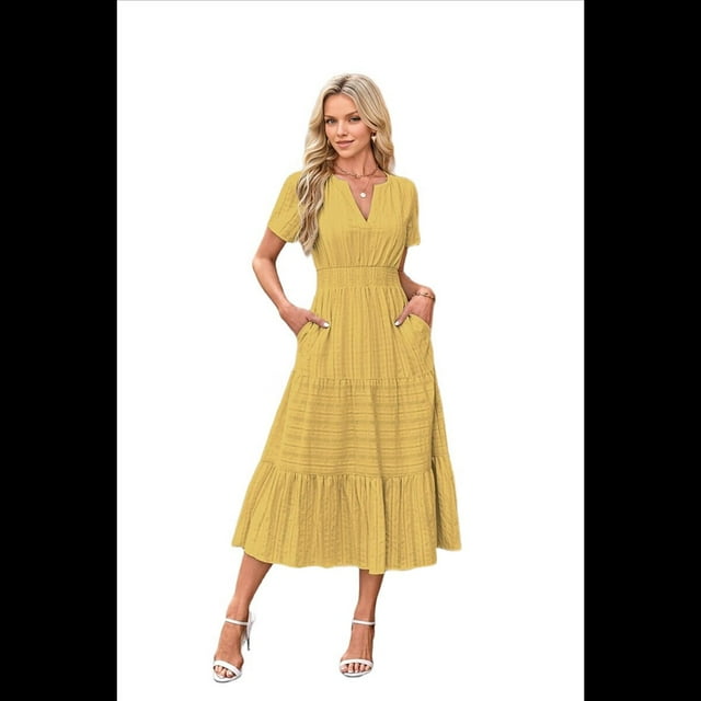 Vestido Plisado con Cuello en V y Mangas Abullonadas, Larga, Amarillo, Talla XXL