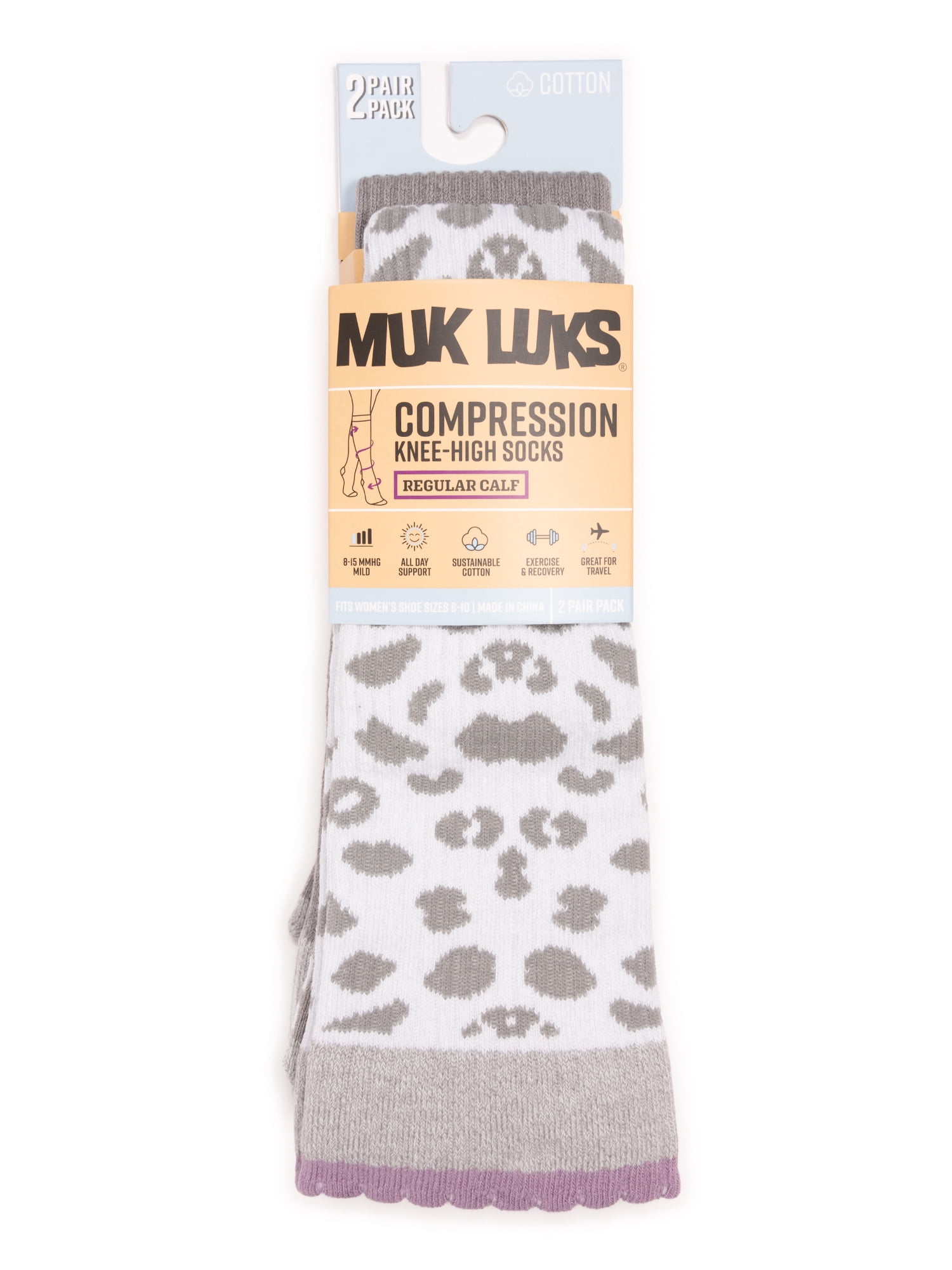 MUK LUKS Women's Regular Width Compression Cotton Knee-High Socks, 2-Pack, Shoe Sizes 6-10