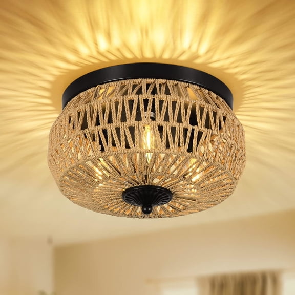 Noble House 3-Light Woven Rattan Flush Mount Ceiling Light, Natural Boho Cage Shade Close to Ceiling Fixture, Brown