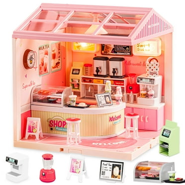 Little Girls Toys - DIY Miniature Dollhouse, Coffee Shop Building Kit with LED & Furniture, Craft and Gift for 3-12 Year Old Girls