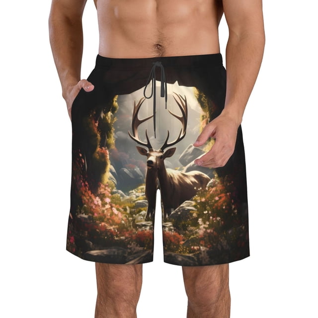 Balery Enchanted Deer In Cave Traje de Baño Estilo Hawaiano para Hombre, Shorts de Secado Rápido con Bolsillos-X-Large