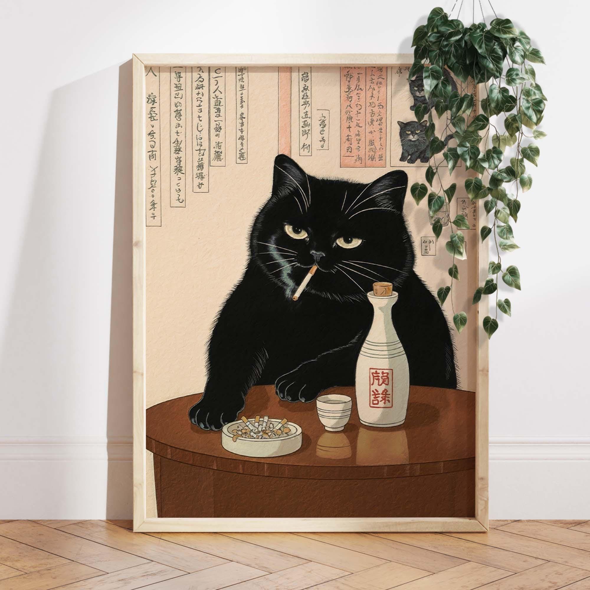 Smoking Cat Print Japanese Bar Wall Art Grumpy Black Cat with Sake Poster Funny Lounge Decor Cat Lover Gift