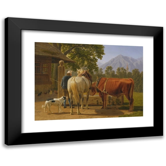Johann Jakob Biedermann 14x11 Black Modern Framed Museum Art Print Titled - A Horse and Cow at a Well, in the BackgroundMountain PeakNiesen