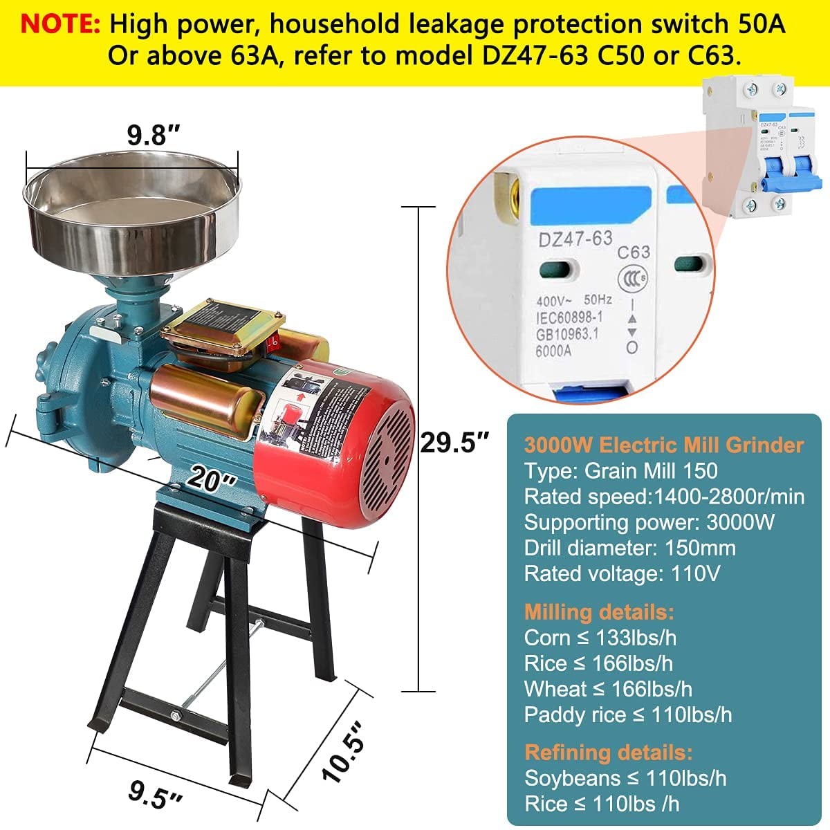 Slsy Electric Grain Mill Grinder Corn Grinder, 110V 3000W Commercial Corn Mill Grinder Machine Feed Mill Wheat Grinder, Flour Mill Cereals Grinder with Funnel