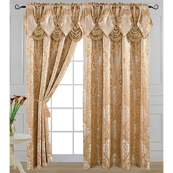 Luxury Jacquard Curtain Panel with Attached Waterfall Valance, 54 by 84-Inch Angelina Light Taupe (2-Panels)