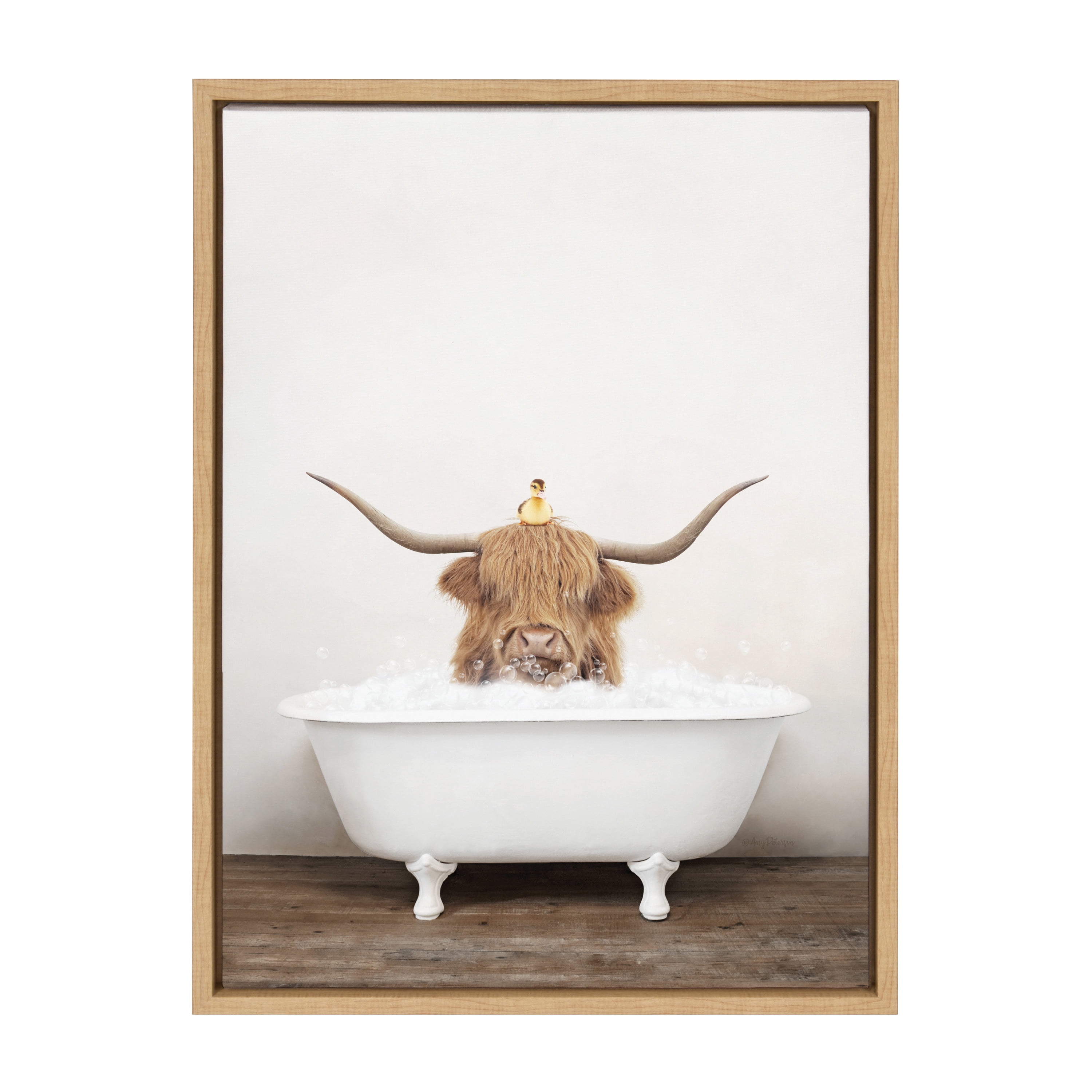 Kate and Laurel Sylvie Highland Cow and Duckling in Rustic Bath Framed Canvas Wall Art by Amy Peterson Art Studio, 18x24 Natural, Modern Fun Decorative Bathtub Wall Art for Home Décor