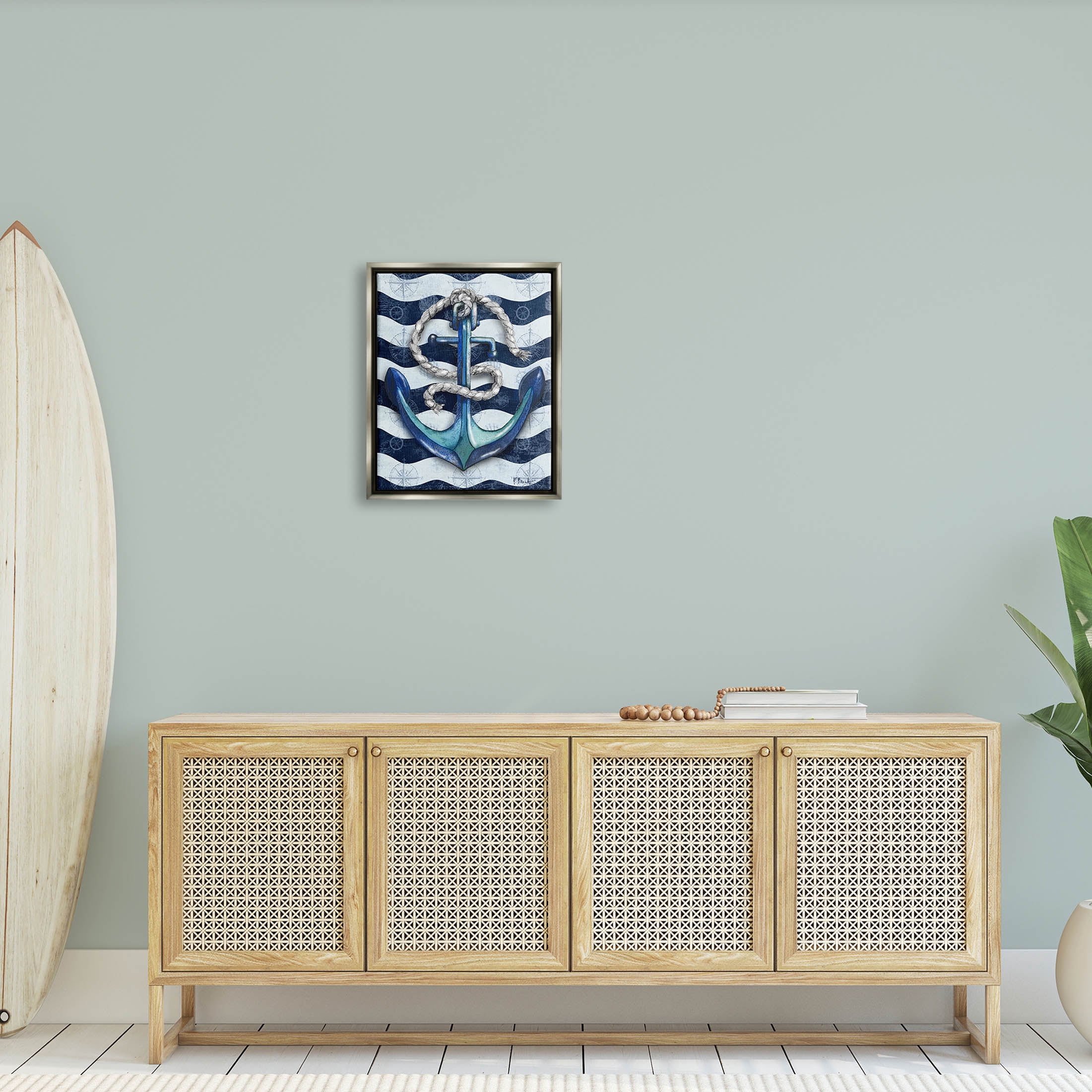 Stupell Industries Nautical Anchor Wavy Navy Stripes Graphic Art Luster Gray Floating Framed Canvas Print Wall Art, Design by Paul Brent