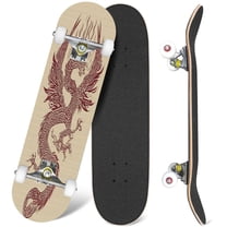 31'' Complete Skateboard 7 Layer Canadian Maple Double Kick Deck Skateboards Traditional Asian Dragon Skate Board for Beginner Adult Gifts
