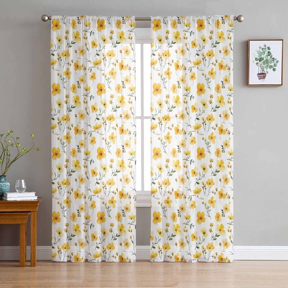 Yellow Spring Floral Sheer Curtains 96 Inch Length 2 Panels Set for Living Room/Bedroom, Summer Botanical Elegant Semi Curtain Sheers Drapes Rod Pocket Curtains Window Treatment Set 52''x96''x2