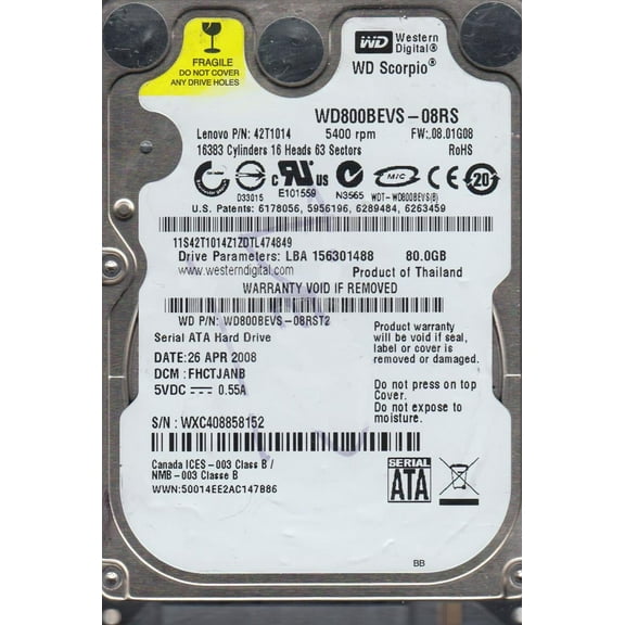WD800BEVS-08RST2, DCM FHCTJANB, Western Digital 80GB SATA 2.5 Hard Drive