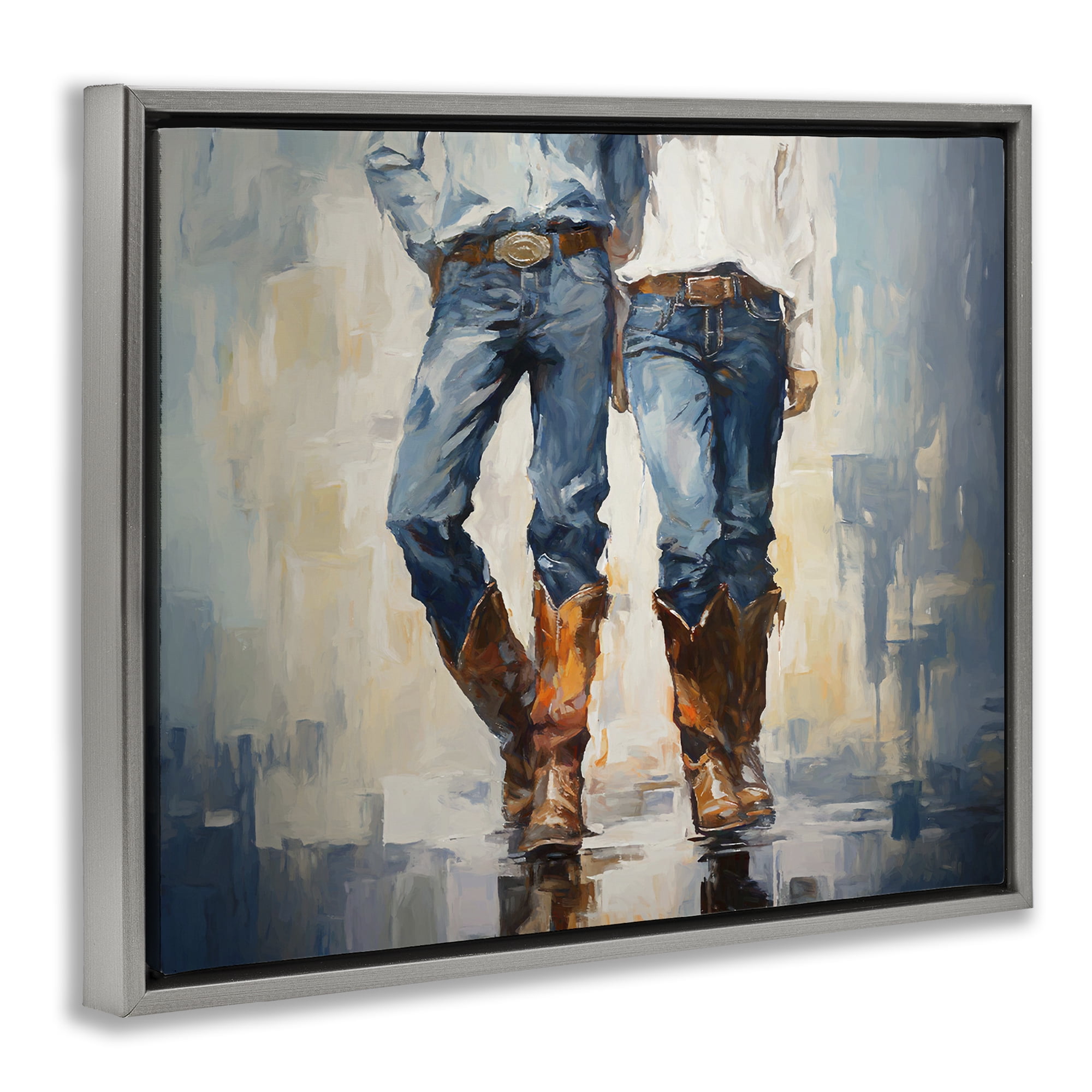 Stupell Industries Cowboy & Cowgirl Couple Novelty Painting Gray Floater Framed Canvas Art Print Wall Art, 21 x 17