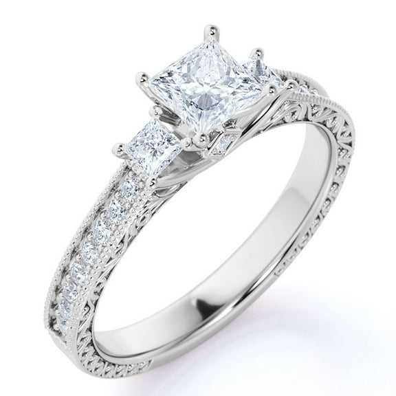 JeenMata Classic 0.50 Carat Princess Cut Diamond - Vintage - Beaded - Three Stone - Victorian Engagement Ring in 10K White Gold