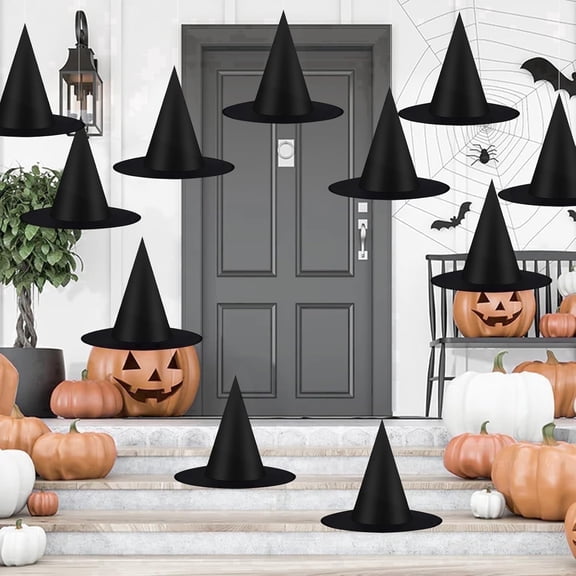 IZEYNO Halloween Decorations, 12 Pcs Witch Hat Costume Accessory, Hanging Black Wizard Hats with Rope for Party Supplies
