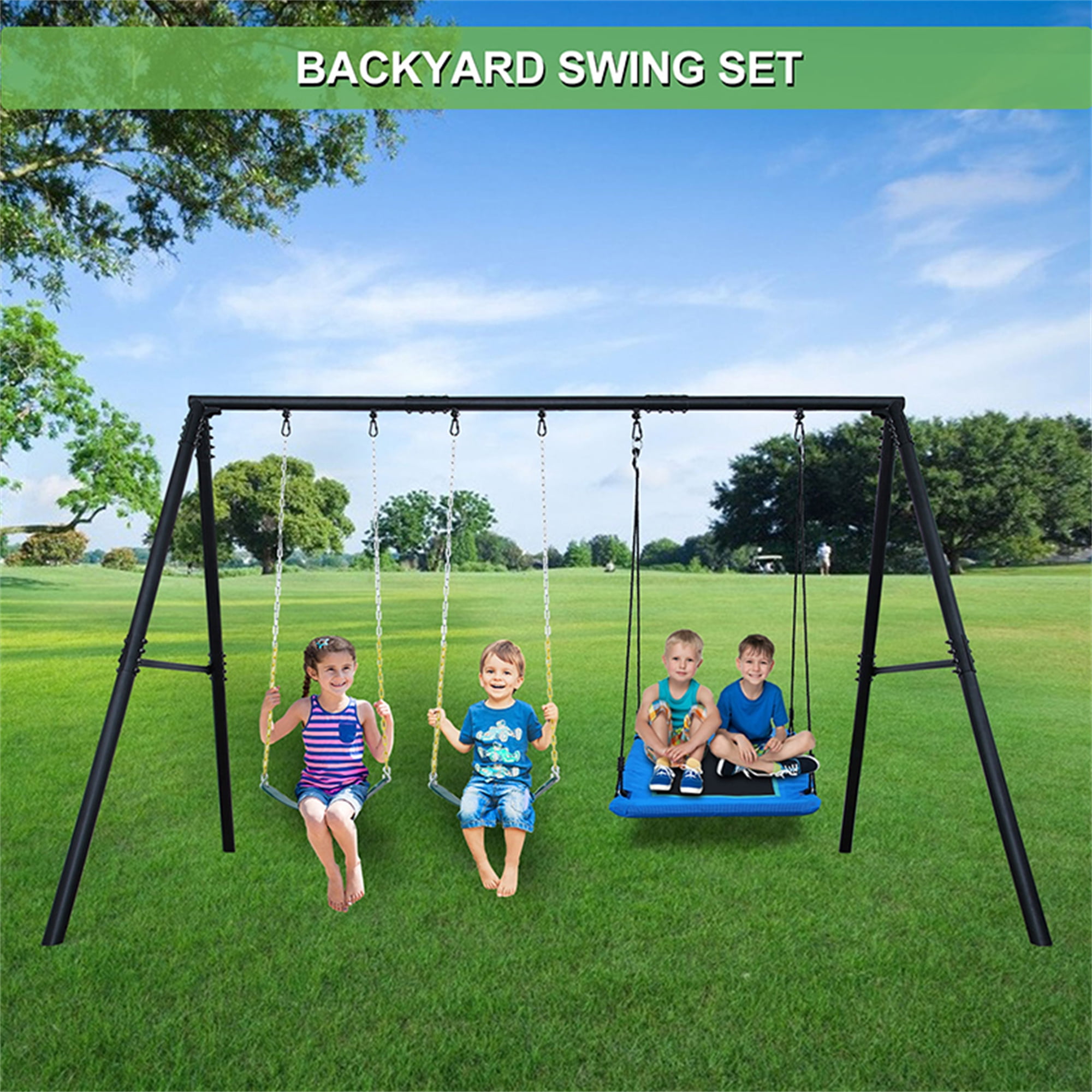 Hapfan 600lbs 3 Seat Metal Swing Set, 1 Platform Swing Seat and 2 Belt Swing Seat with Heavy Duty A-Frame Metal Swing Stand - 3