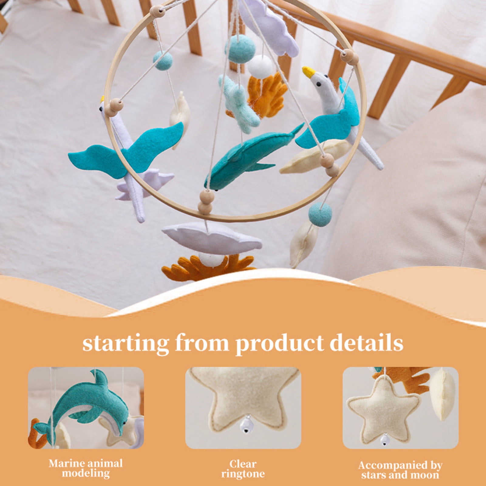YIFAEUX Seagull Baby Crib Mobile Ocean-Themed Handmade Felt Hanging Decor Soft Stroller Hanging Toy for Newborns