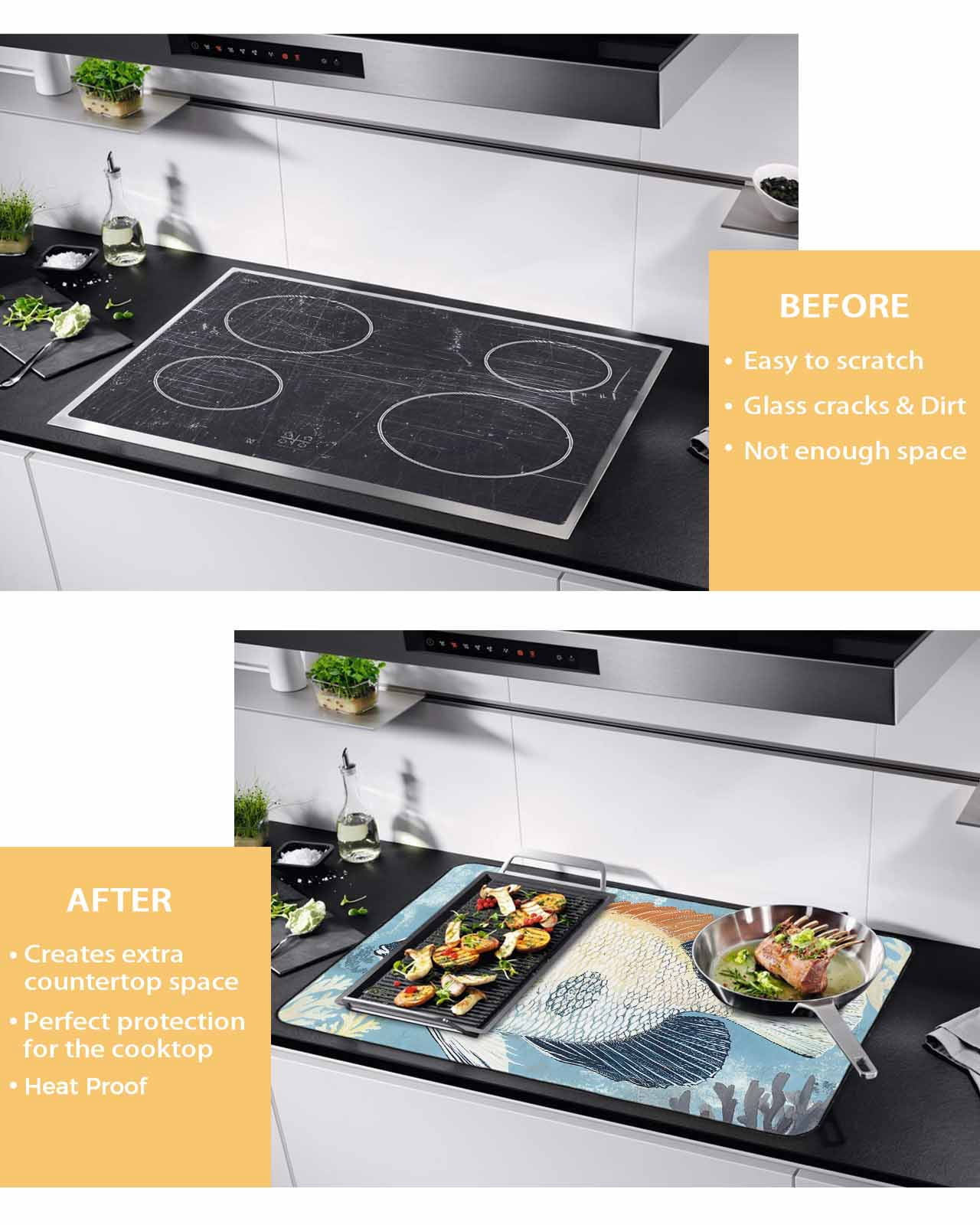 nqOlkjepod Large Induction Cooktop Protector Mat 24"x21", Summer Coastal Stove Top Covers for Electric Stove, Vintage Ocean Watercolor Fish Coral Stove Burner Cover Mats, Glass Top Stove Cover