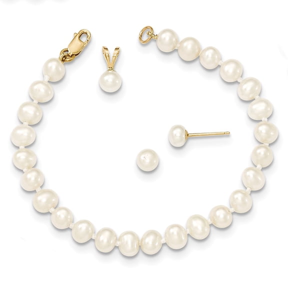 Real 14kt Yellow Gold 4-5mm White FW Cultured Pearl Pendant; 5in Bracelet & Earring Set; for Adults and Teens; for Women and Men