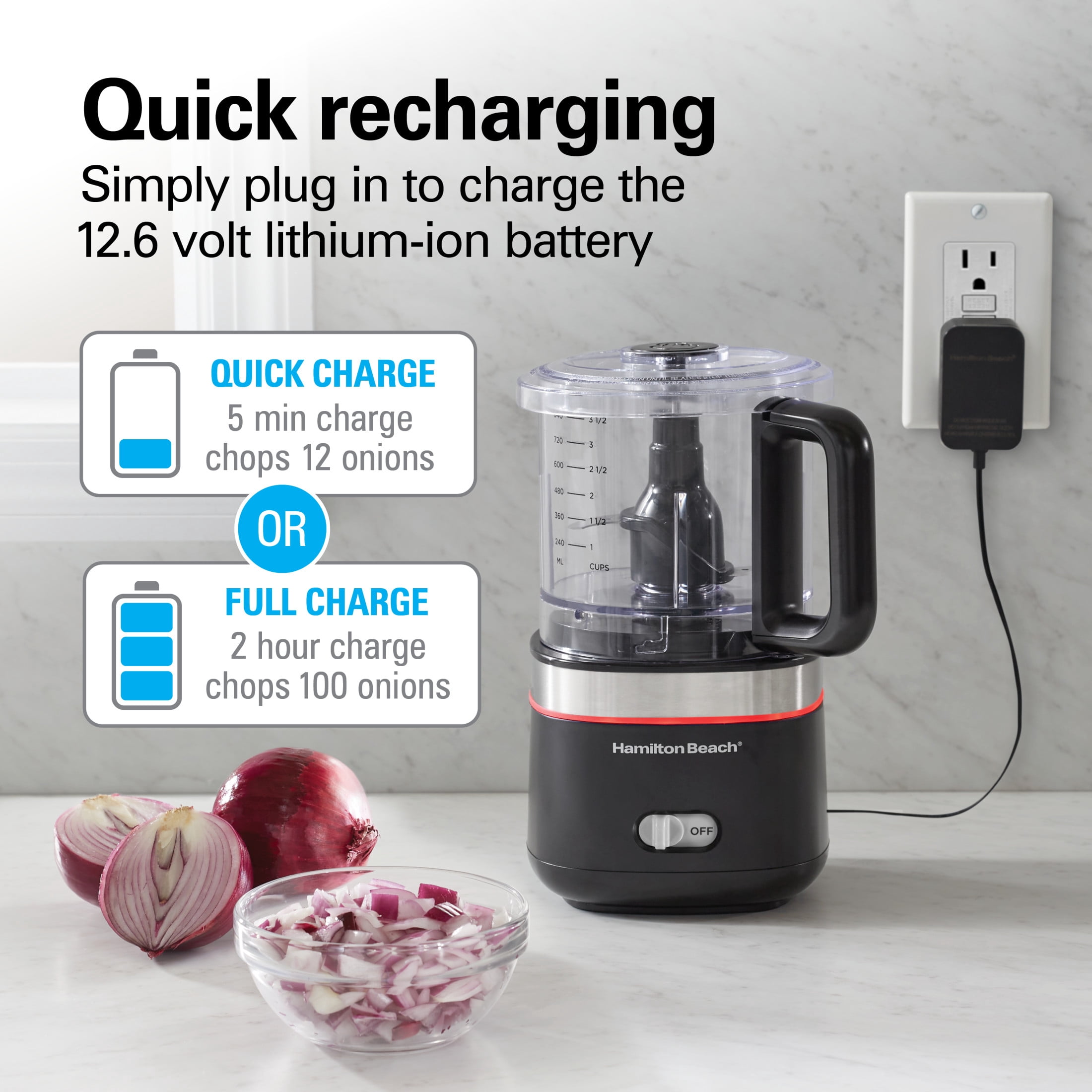 Hamilton Beach Powerful Cordless Mini Food Processor and Vegetable Chopper, 4-Cup, Fast Recharging, Black