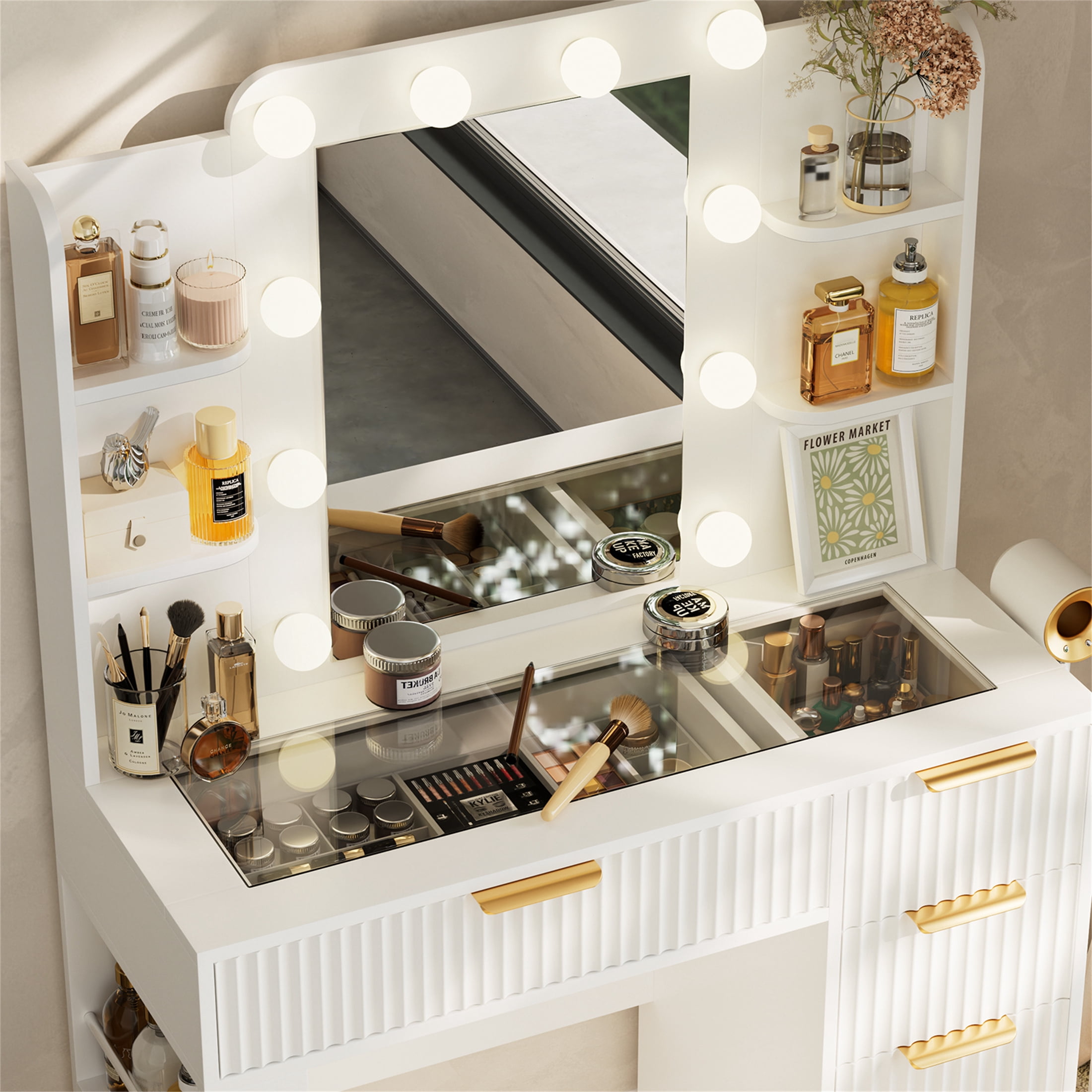 Yeahumalia Vanity Desk Set with Mirror and Lights, Makeup Table with Charging Station and Chair, White
