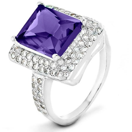 ELYA Sterling Silver Amethyst Purple Radiant-Cut CZ Double Halo Ring