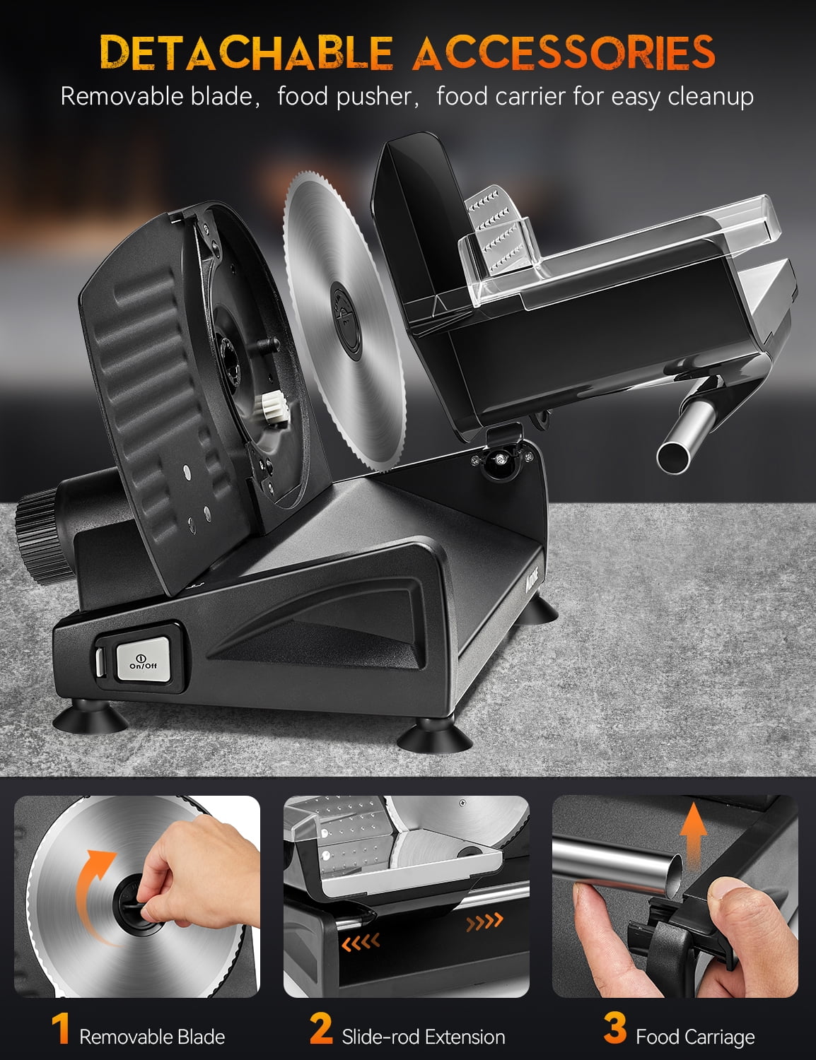 MIDONE Meat Slicer 200W Electric Food Slicer with Two Removable 7.5''  Stainless Steel Blade for Home Use, Black 