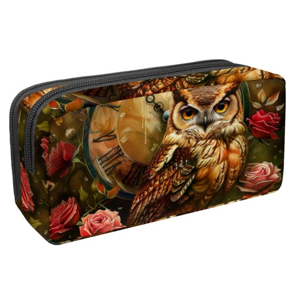 PhooArto Pencil Case, Owl Rose Flowers Clock Large Capacity Pencil Pouch Stationery Pen Bag